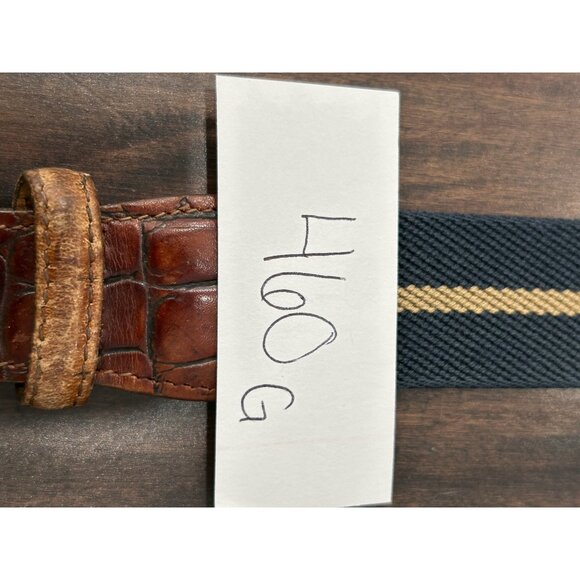Vintage Jos A Bank Navy Leather Canvas Belt 38 Inch Brass Buckle Croc Embossing - Picture 8 of 9